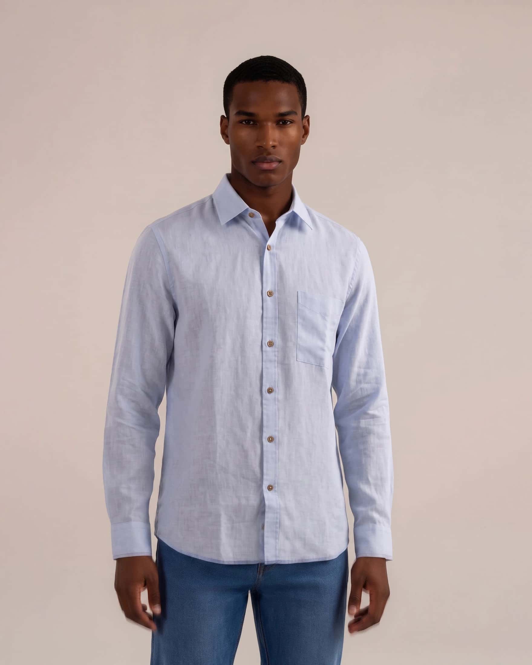 Camisa regular fit lino / algodón azul