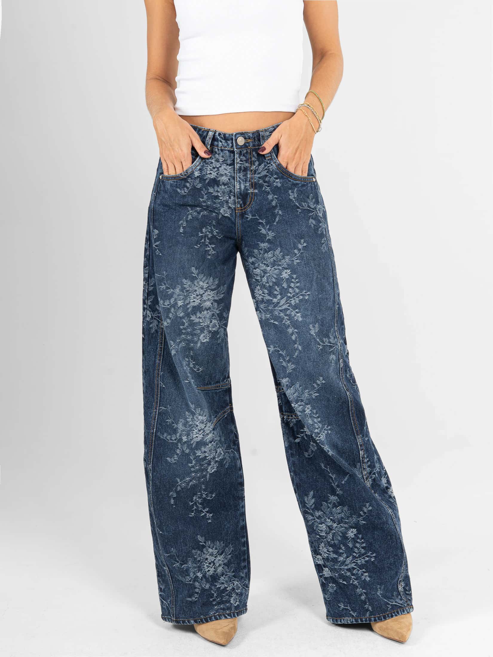 Ref: 066575 Jean wide leg, rígido, tiro alto, detallle de tela bordada, tono azul oscuro