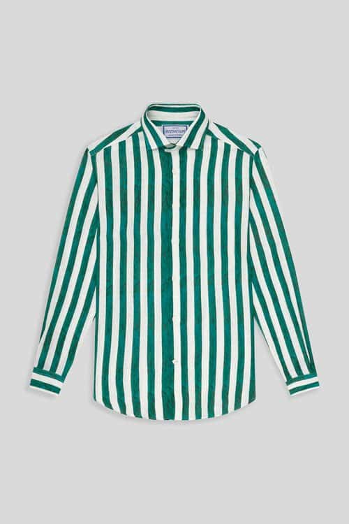 Men's linen shirt green faded striped