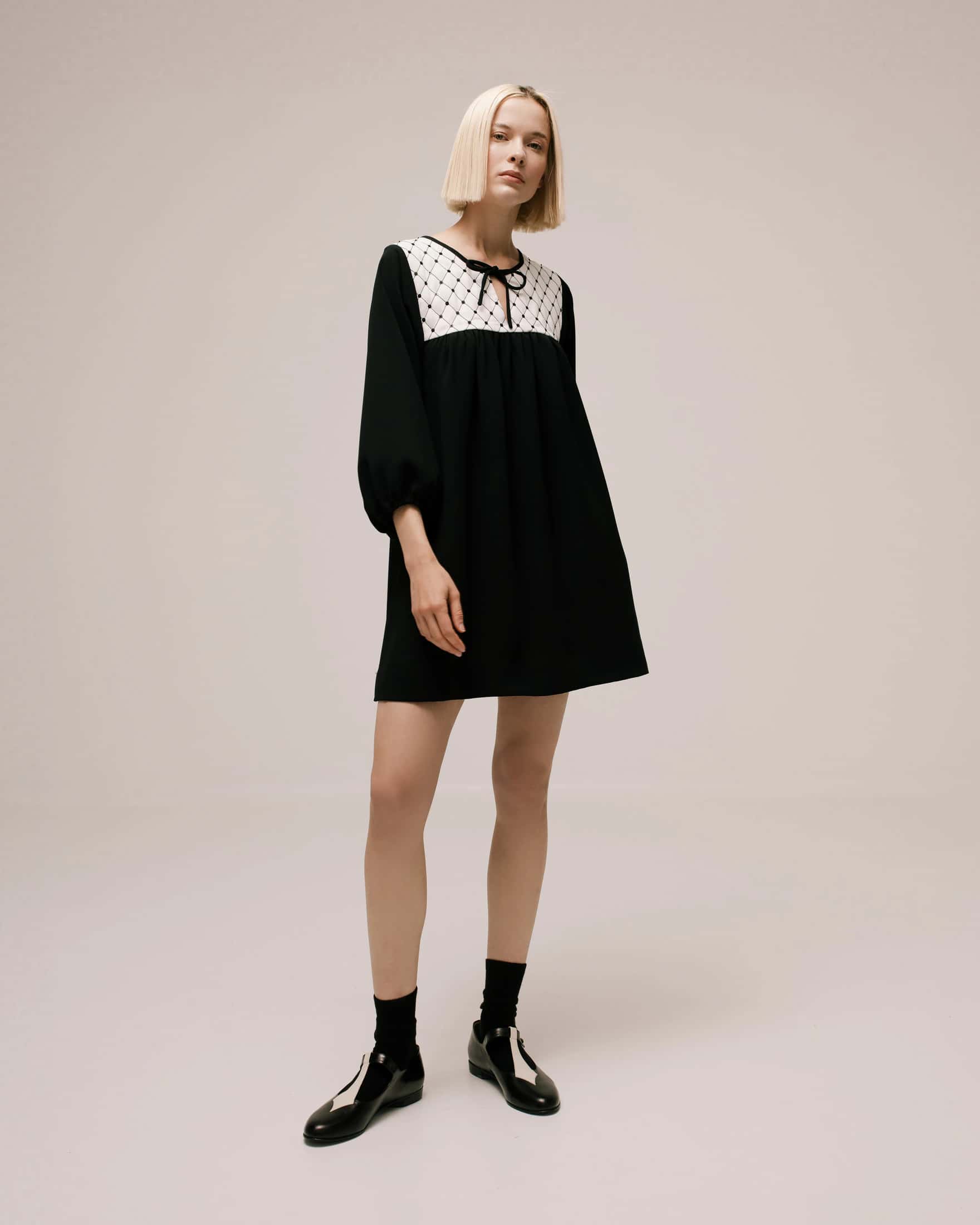 Quilted-Front Puff-Sleeve Cady Mini Dress
