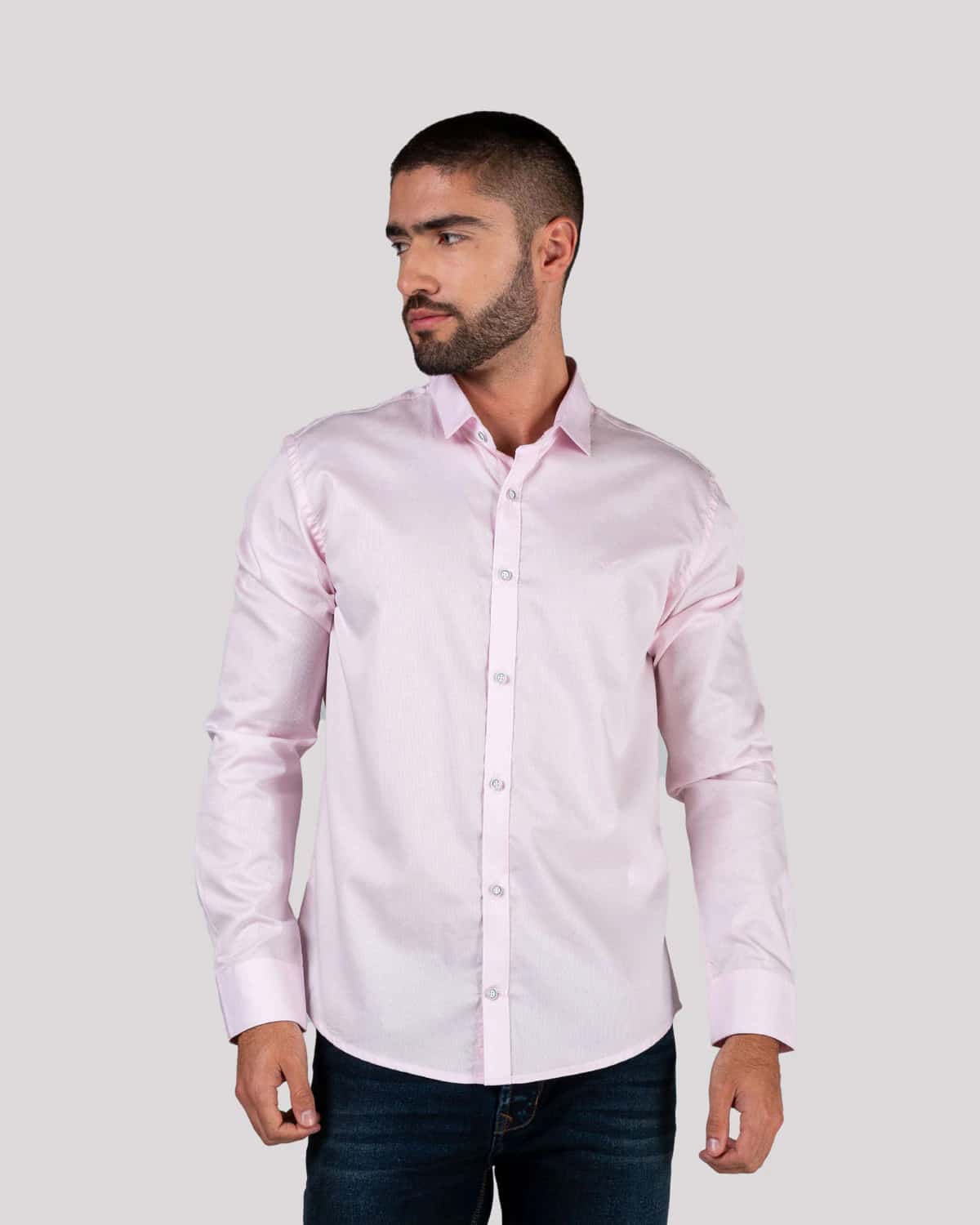 Camisa rosada de rayas manga larga para hombre