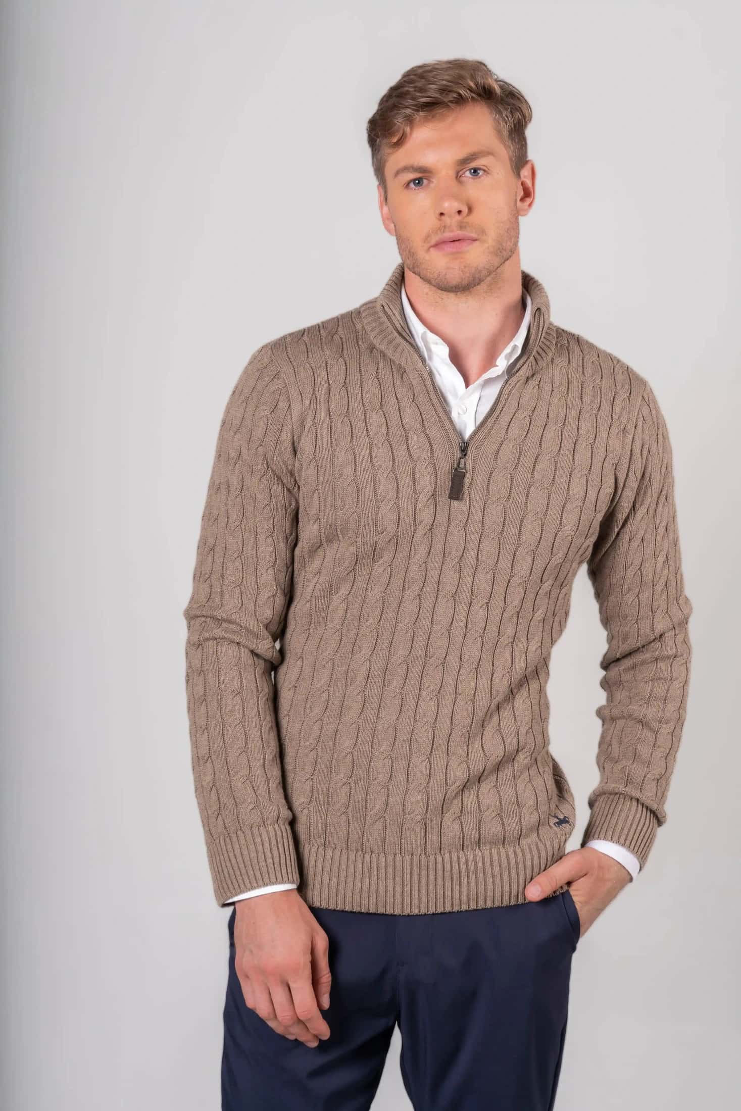 Suéter Halfzip Trenzado Hombre Camel
