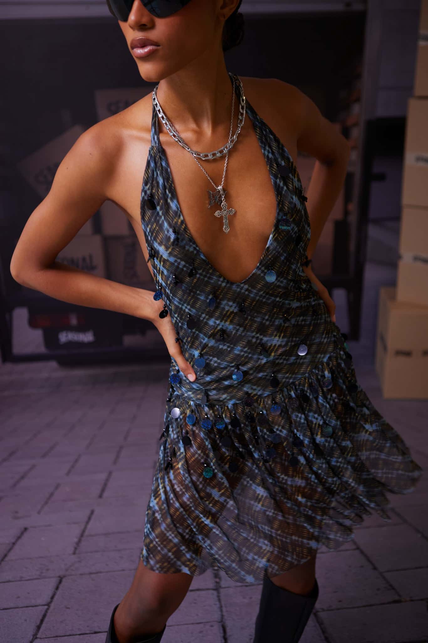 NIGHT GRID EMBROIDERED MESH DRESS