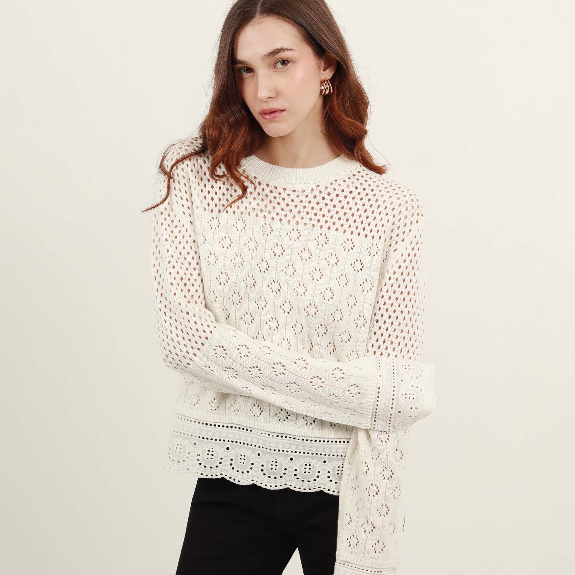 Sweater con ojalillo manga larga