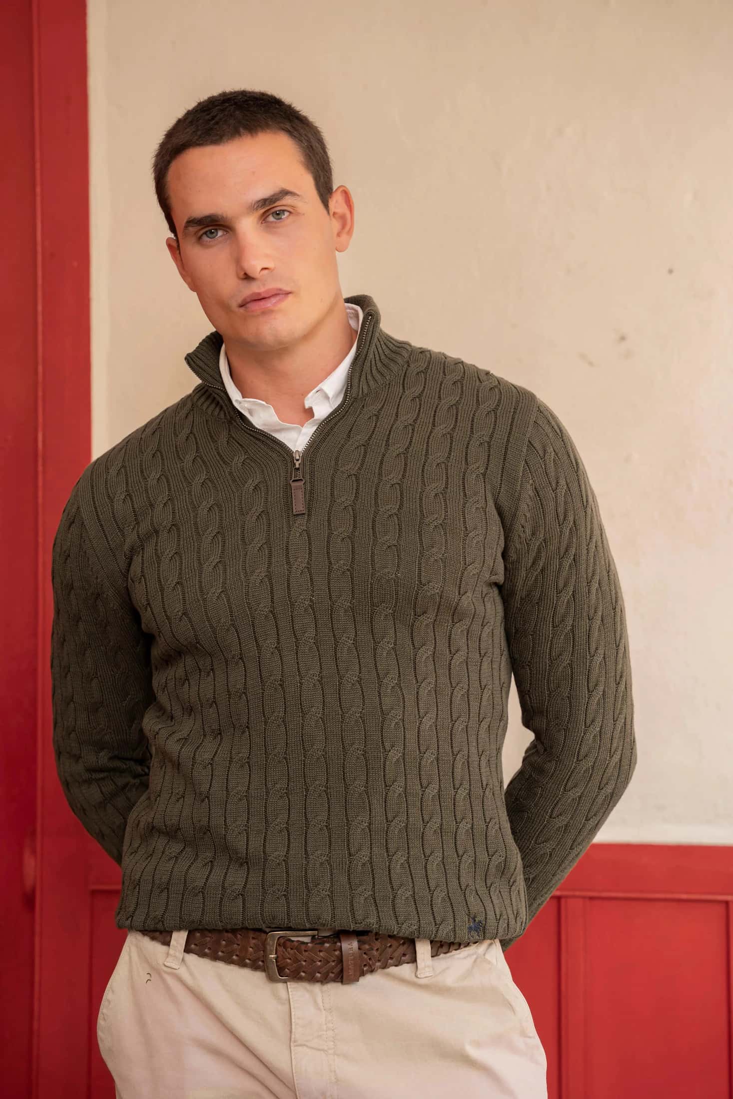 Suéter Halfzip Trenzado Hombre Verde