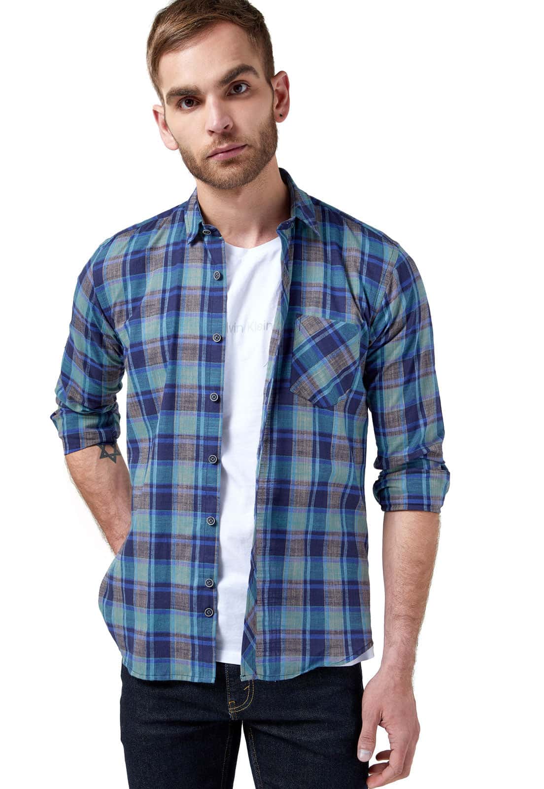 Camisa leñadora en tonos azules con  gris un bolsillo