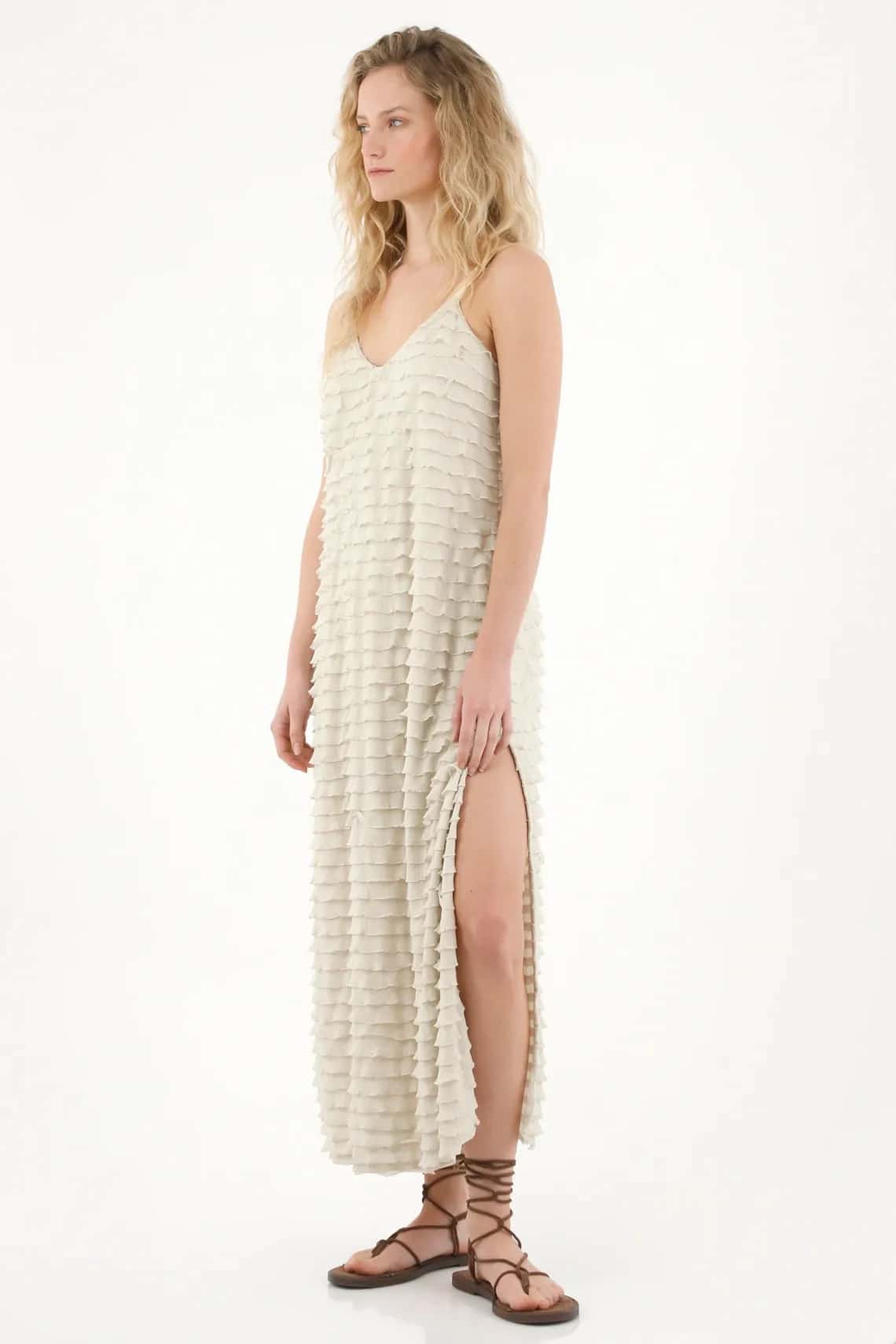 Vestido largo con boleros crudo con textura suave para mujer