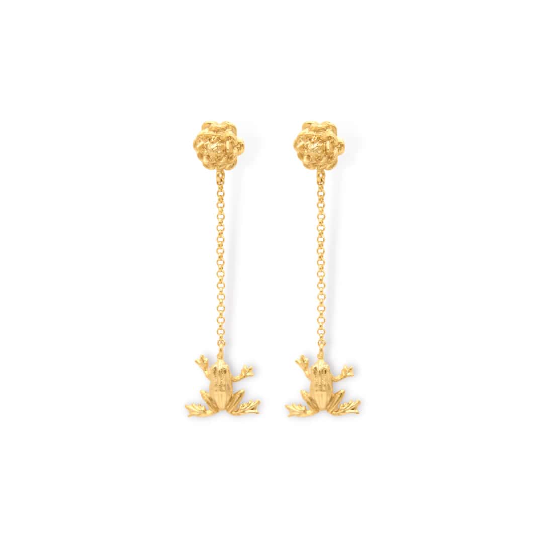Aretes largos con flor de loto y rana pequeña - miniatura 1