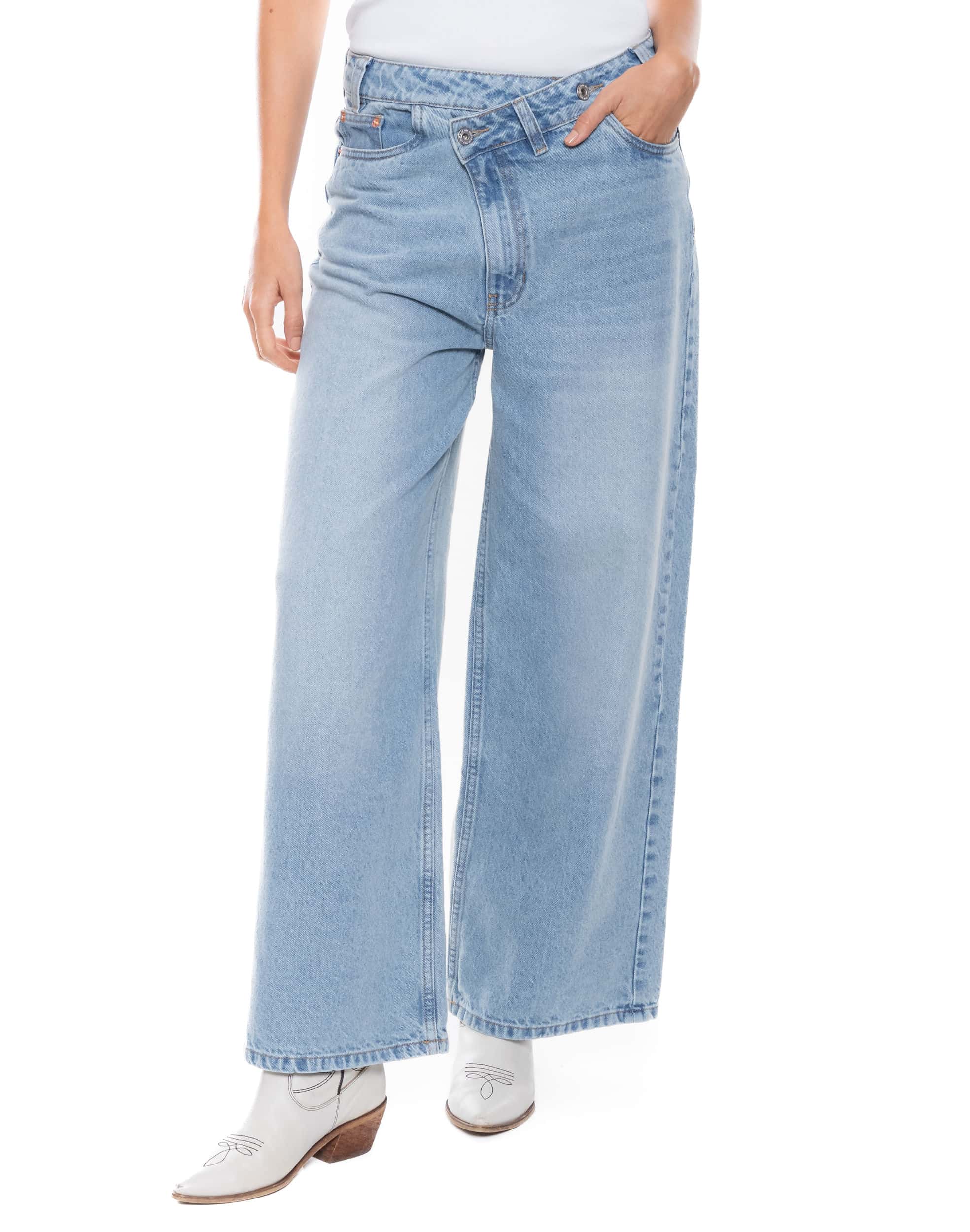 Medium Waist Wide Leg Jeans Tono Medio Pretina Asimetrica