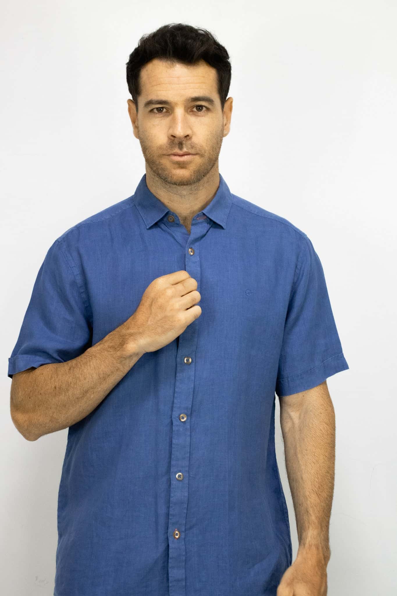 CAMISA LINO MANGA CORTA AZUL PARA HOMBRE