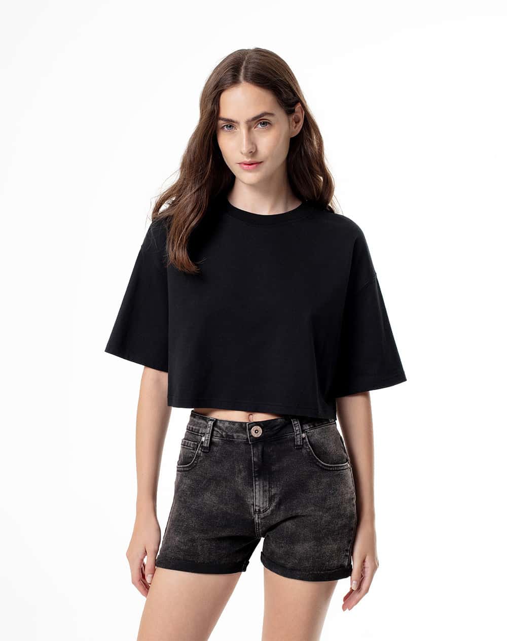 Short tiro medio denim gris mujer