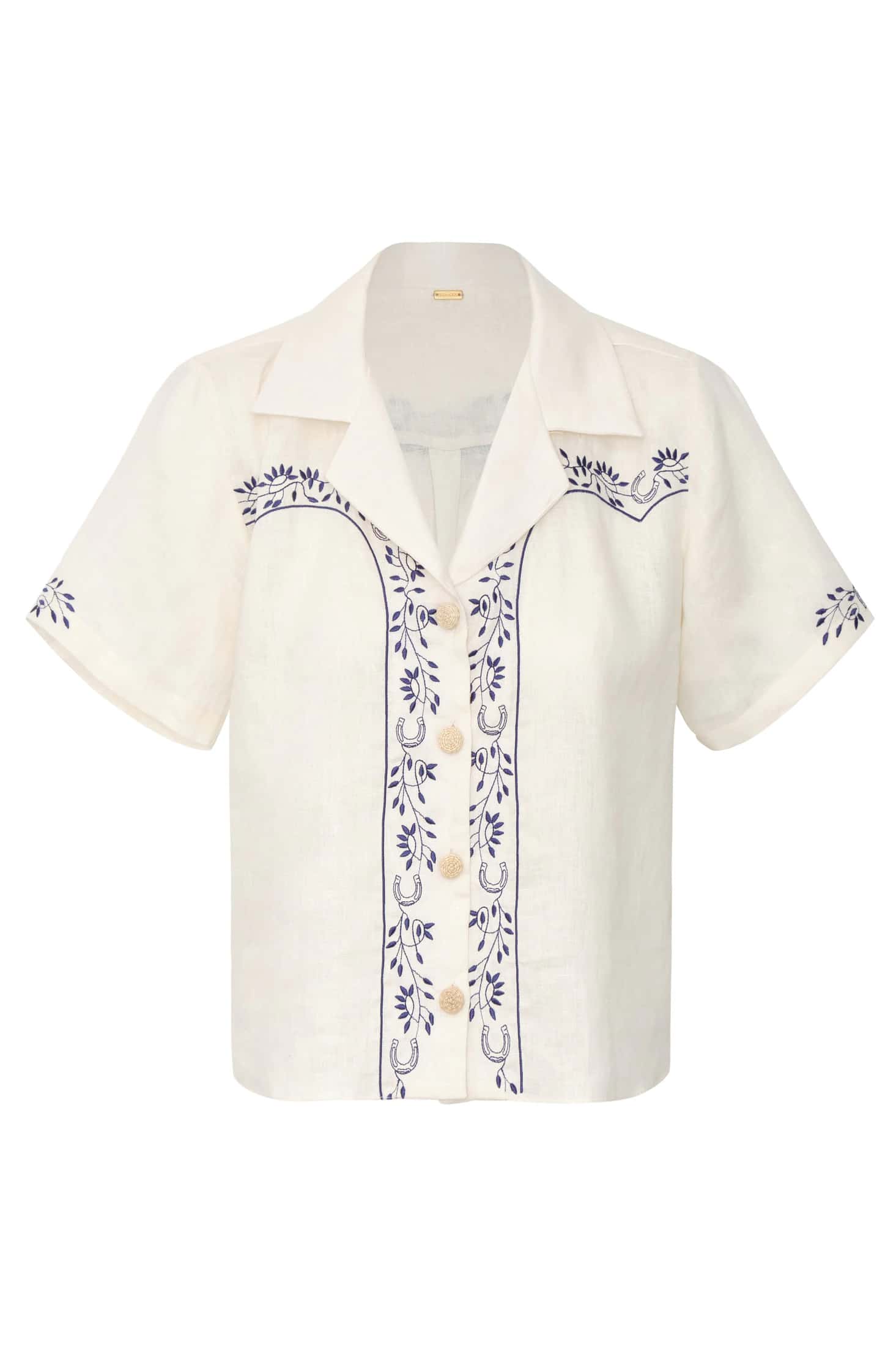 El Jared Linen Embroidered Shirt / Ivory Blue Horseshoes