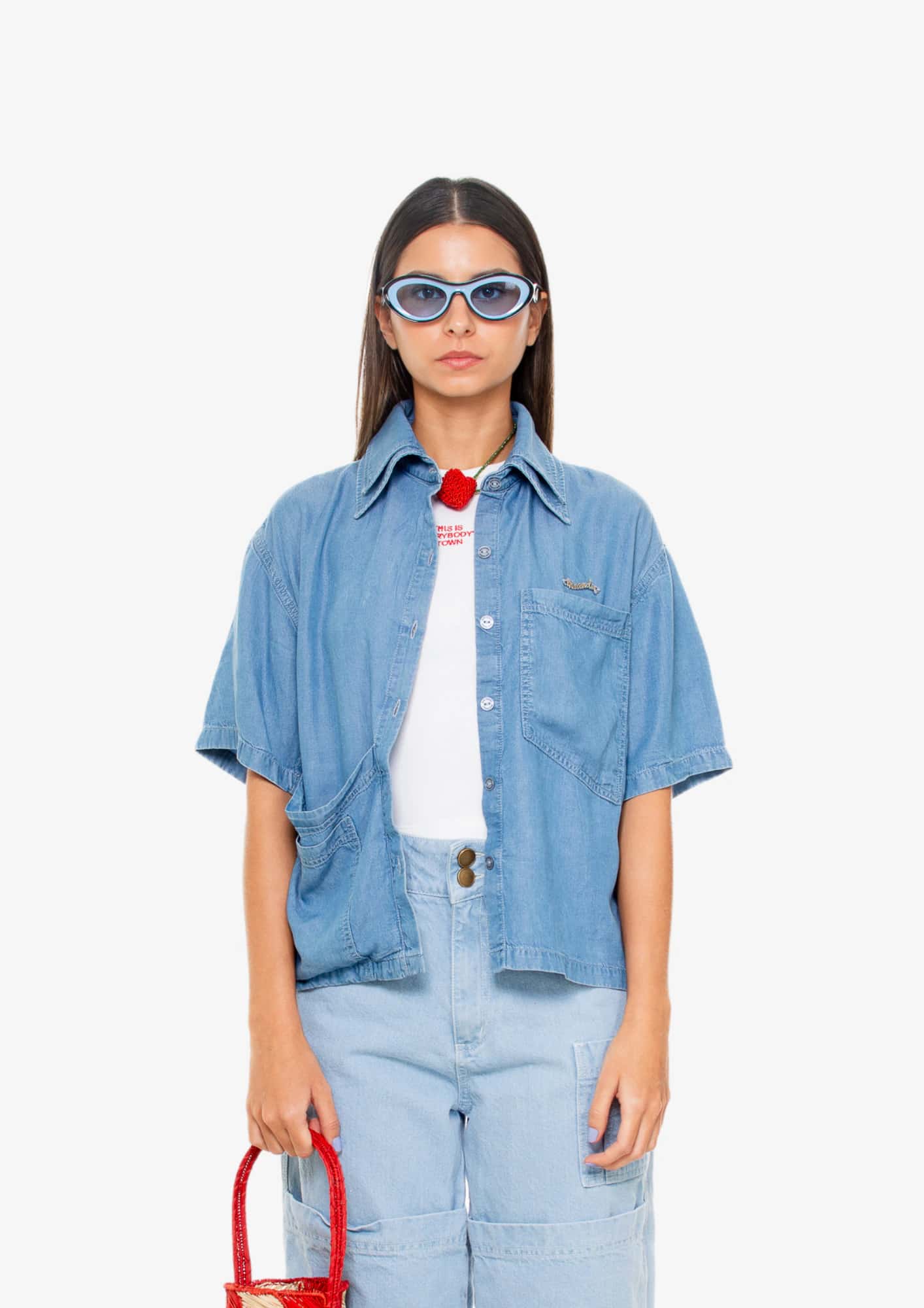 Light-Wash Short-Sleeve Double Neck Shirt