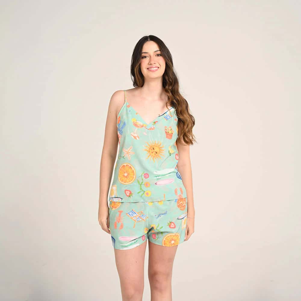 Conjunto Pijama Camisa Manga Corta y Short Mujer Estampado Verano.