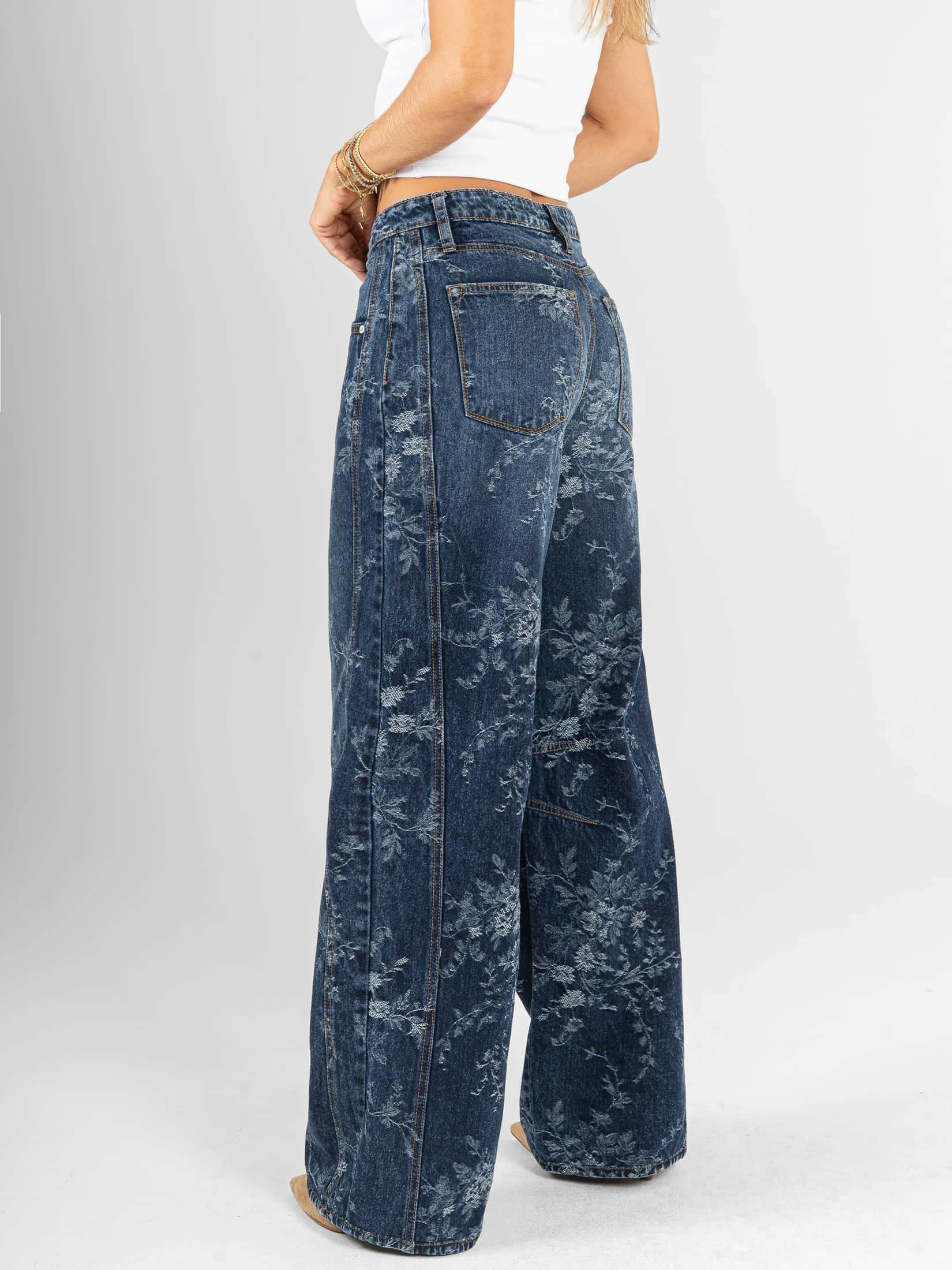 Ref: 066575 Jean wide leg, rígido, tiro alto, detallle de tela bordada, tono azul oscuro - miniatura 3
