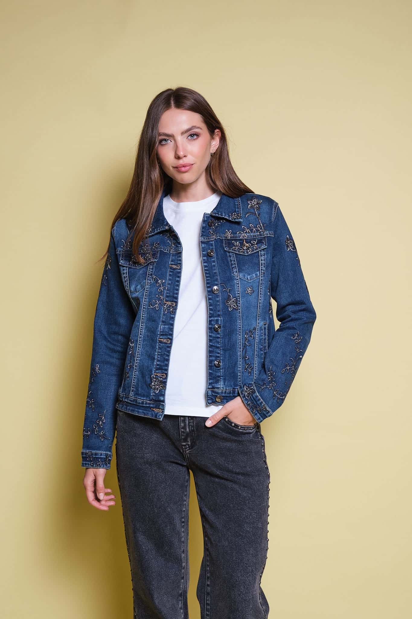 CHAQUETA DENIM TOTAL BORDADO FLORAL METALIZADO