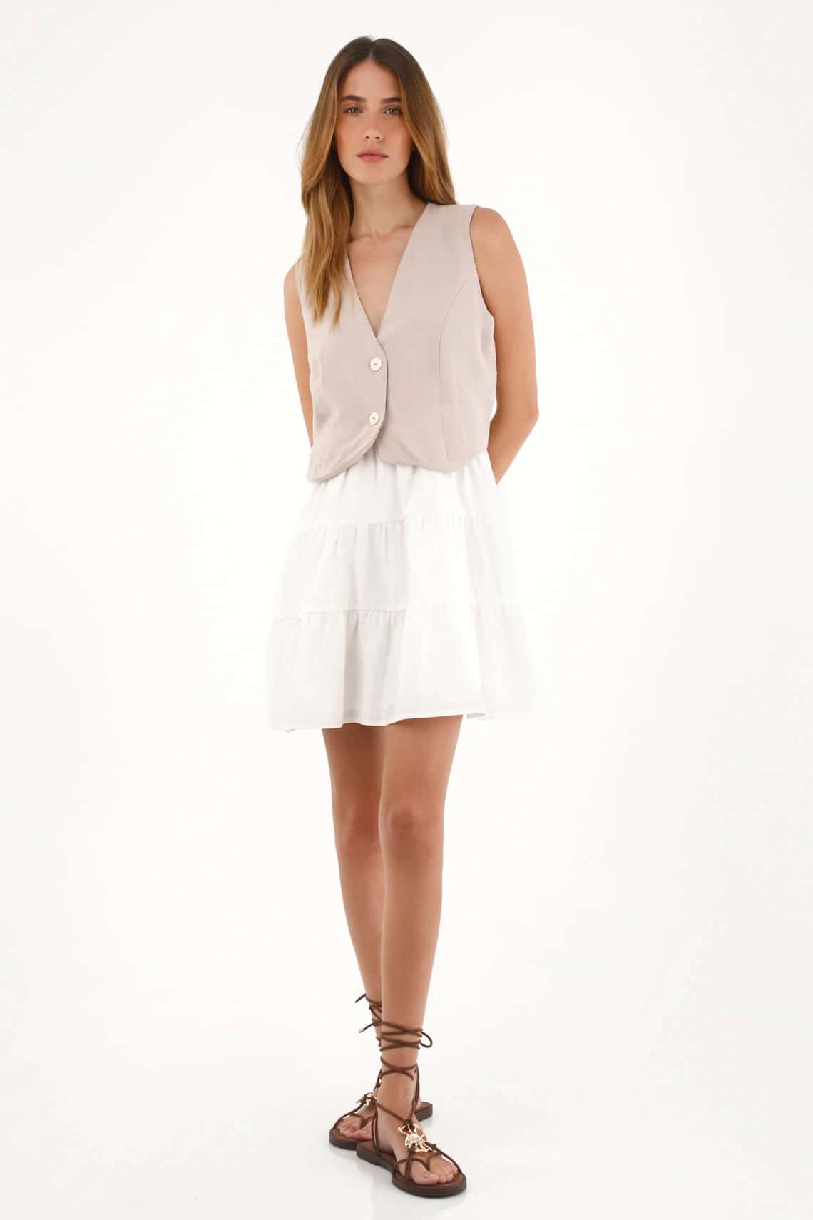 Vestido corto con escote en V crudo con textura lisa para mujer
