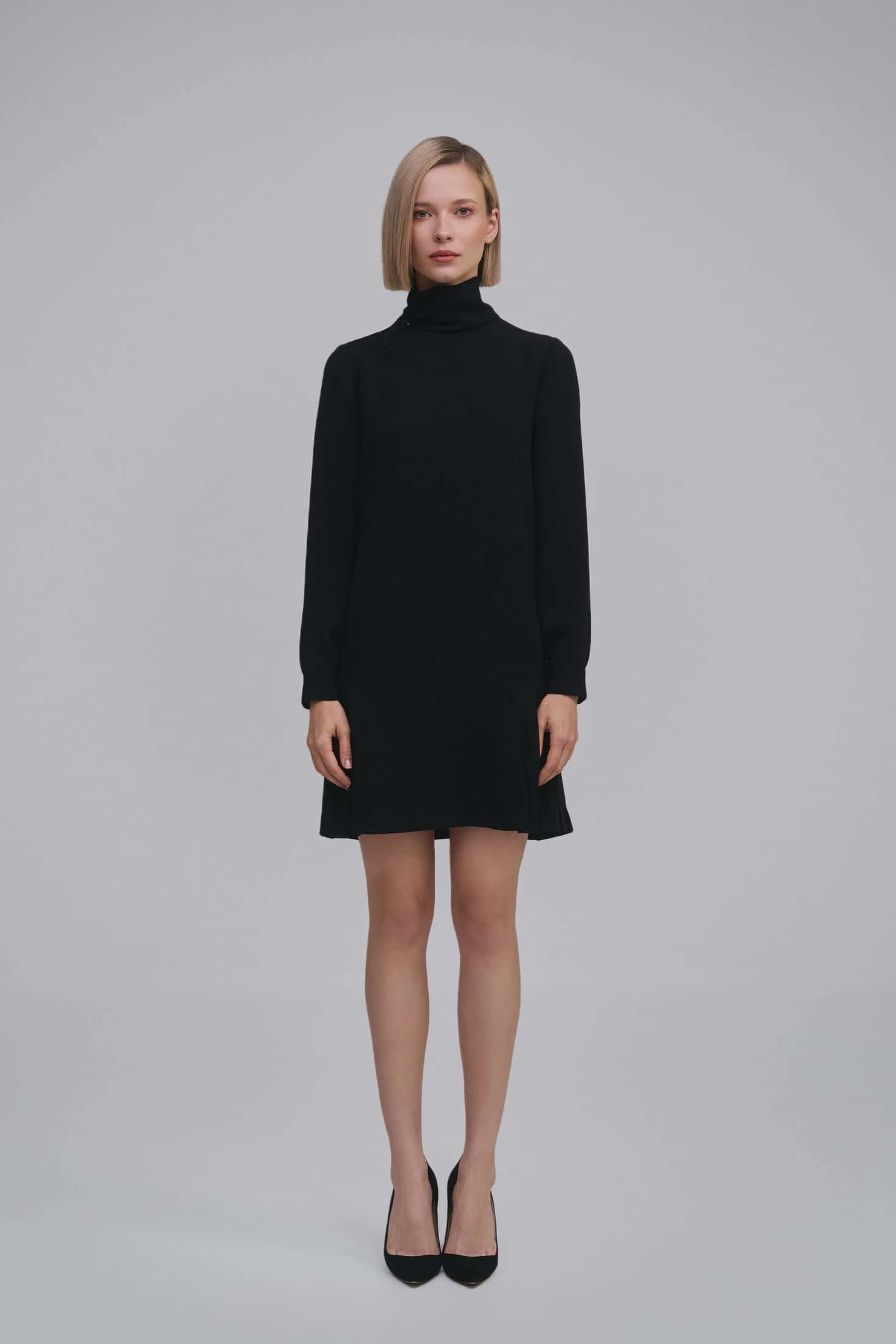 Long-Sleeve Pleated Chiffon Mini Dress