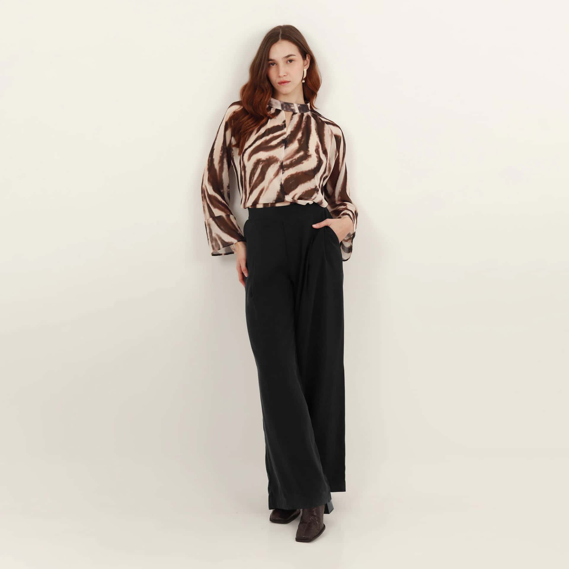 Pantalón palazzo con elástico y prenses - miniatura 1