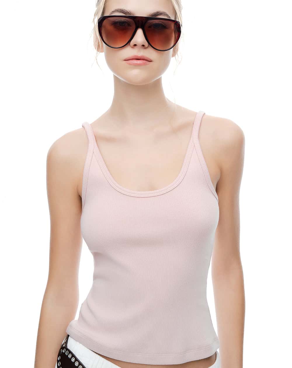Camiseta manga sisa slim rib algodón rosa mujer