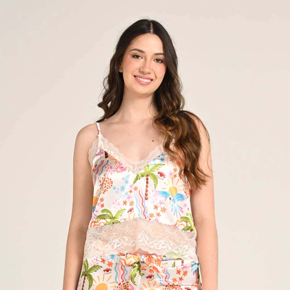 Blusa Pijama Satín de Tiras con Encaje Mujer Estampado Playa.