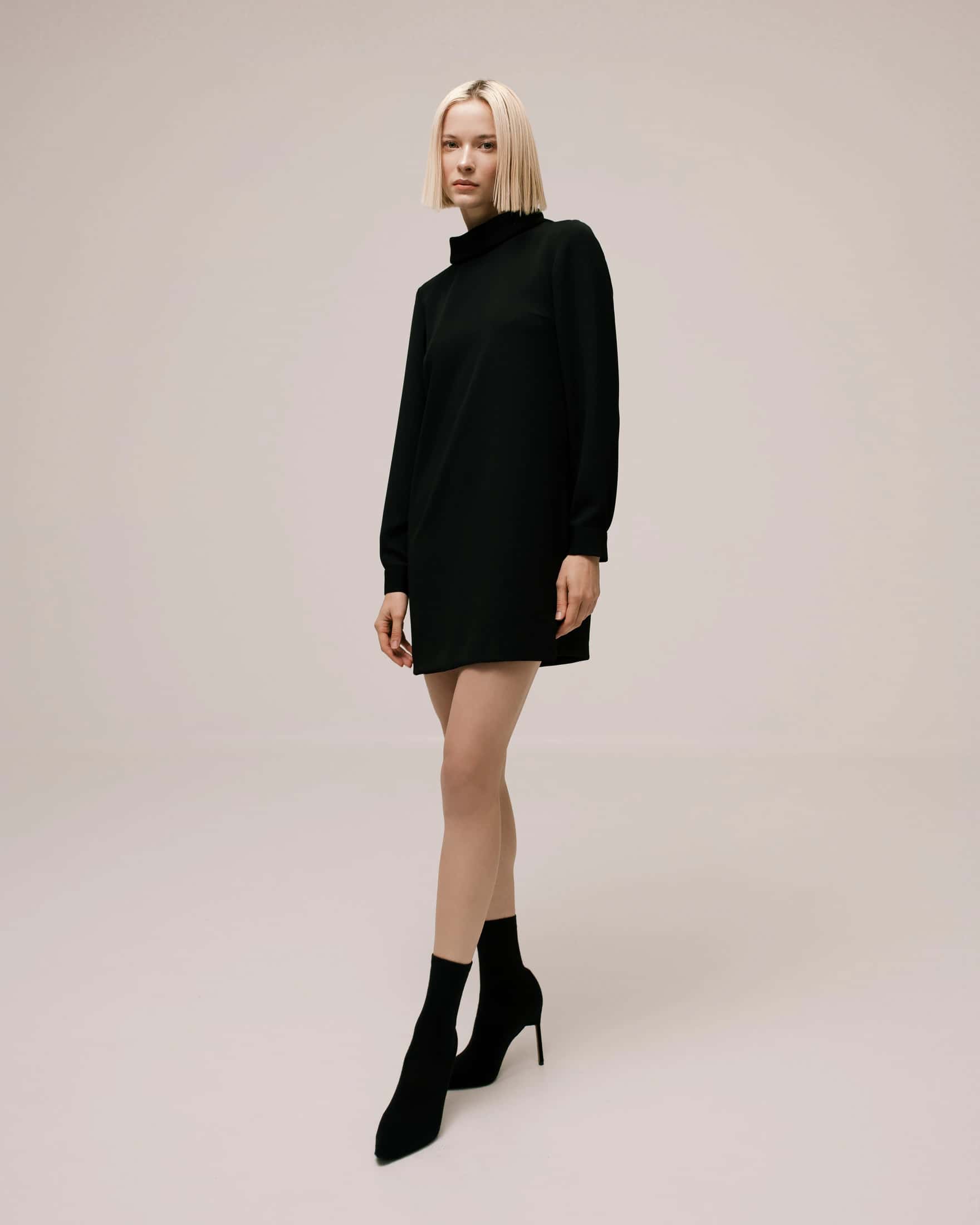 High-Neck Long-Sleeve Cady Mini Dress