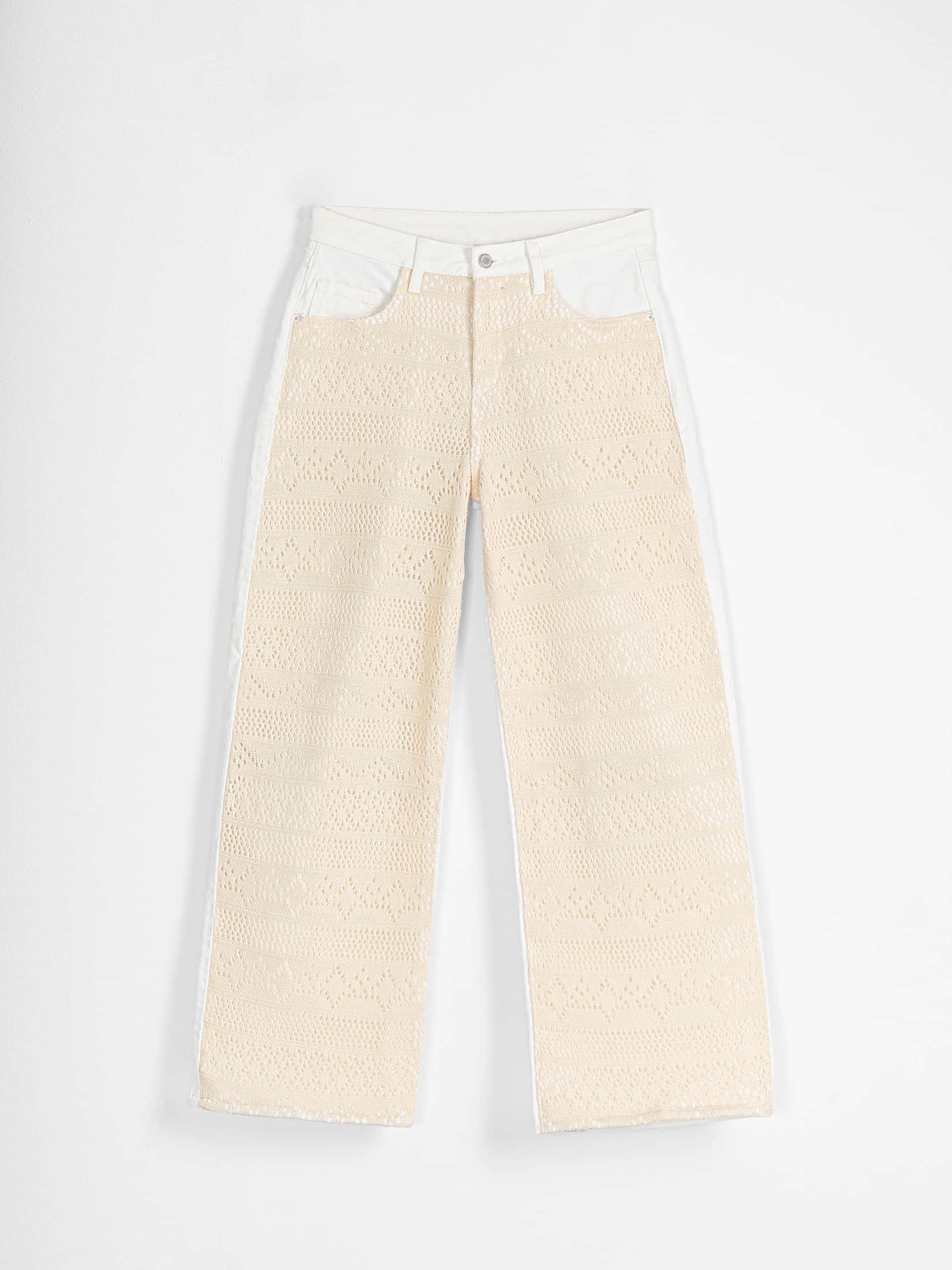 Ref: 0620686 Pantalón wide leg, rígido, tiro alto, con diseño delantero en crochet, tono natural. - miniatura 7