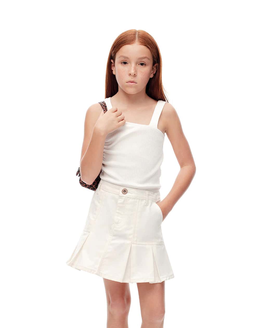 Falda tiro medio denim blanca niña
