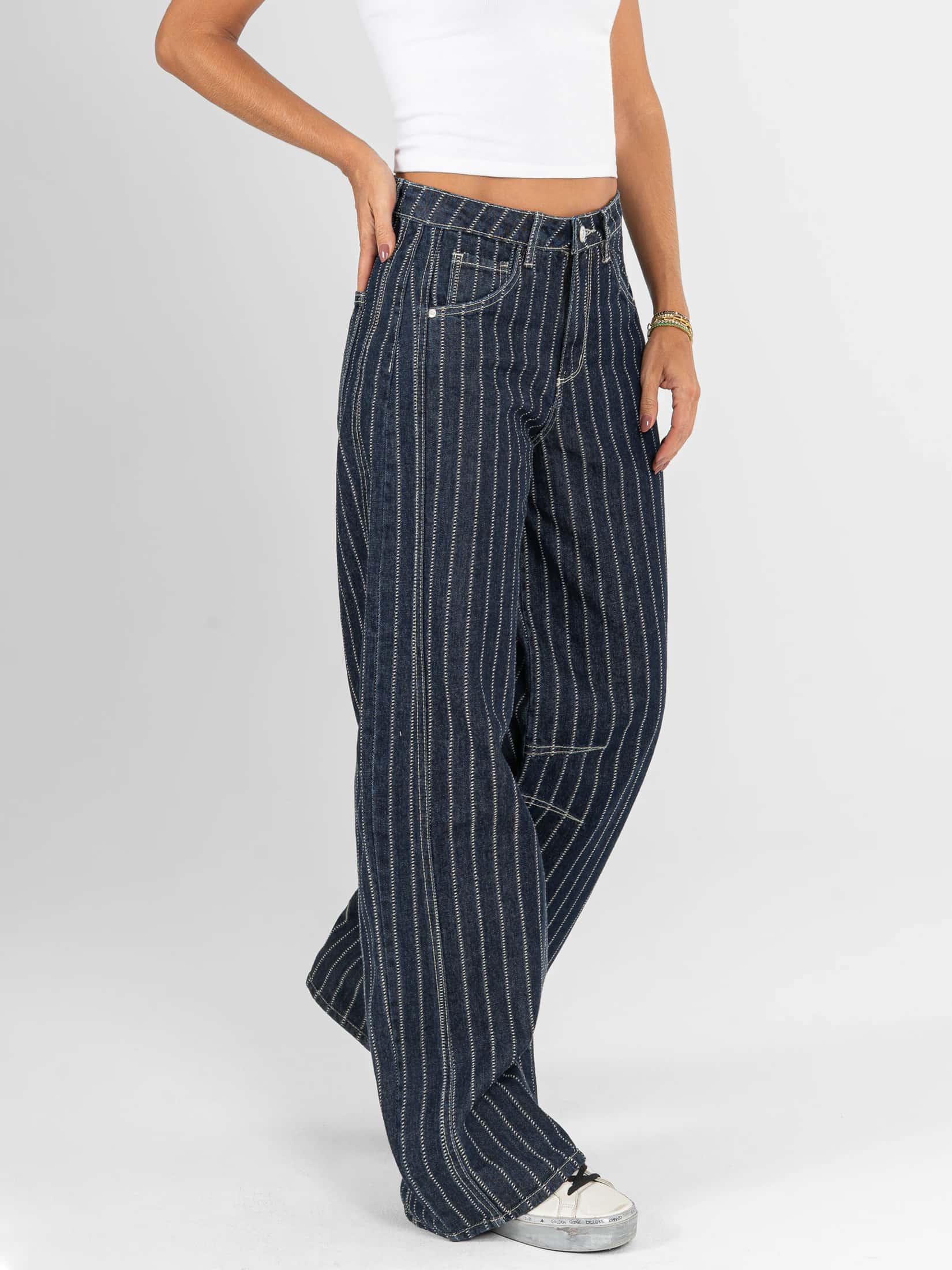 Ref: 066479 Jean wide leg, rígido, tiro alto, rayas, tono azul oscuro - miniatura 4