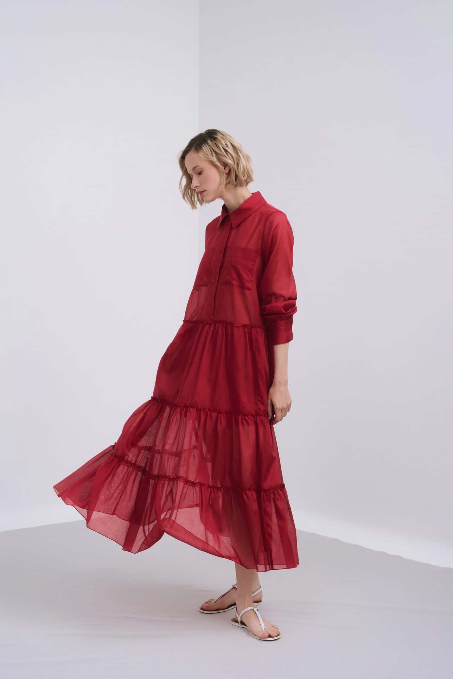 Long-Sleeve Ruffle-Skirt Cotton Voile Midi Dress