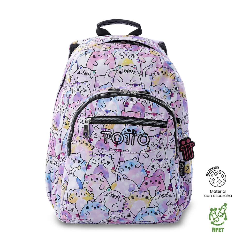 Morral Juvenil Porta PC 14" Acuarela Glitter con Gatos