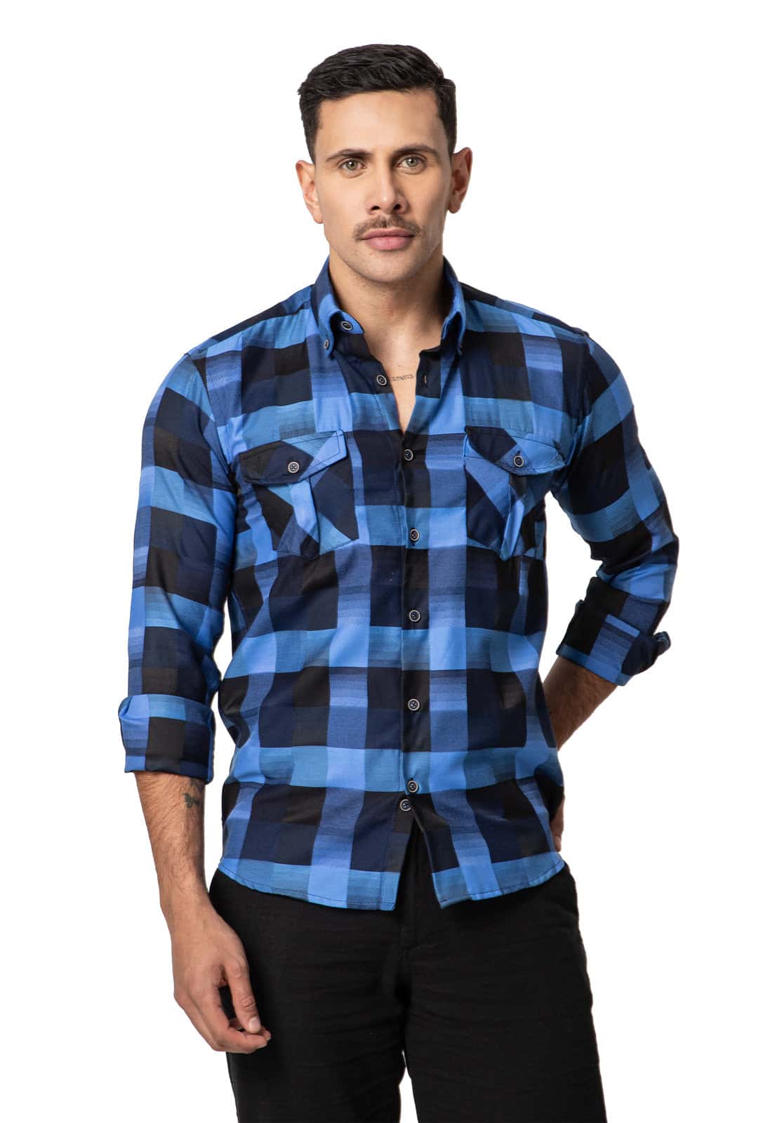 Camisa leñadora doble bolsillo azul a cuadros