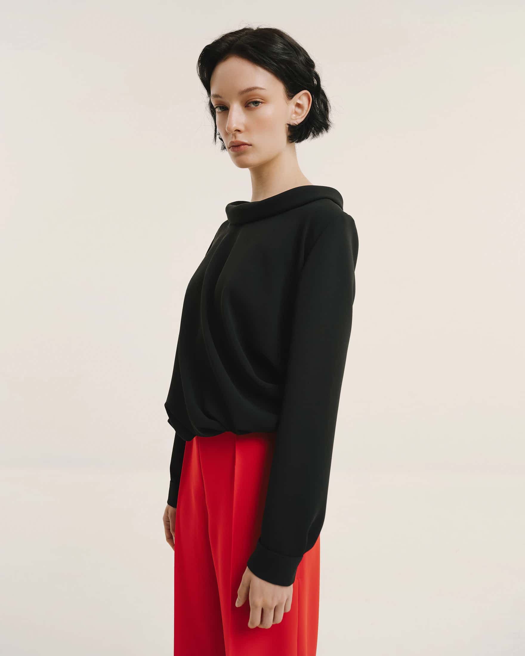 Draped-Waist Long-Sleeve Blouse