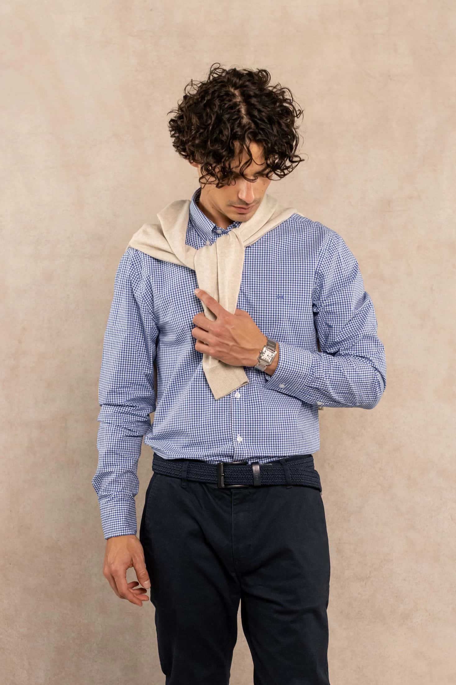 Camisa Antimanchas Popelina Cuadros Azul Oscuro Berna