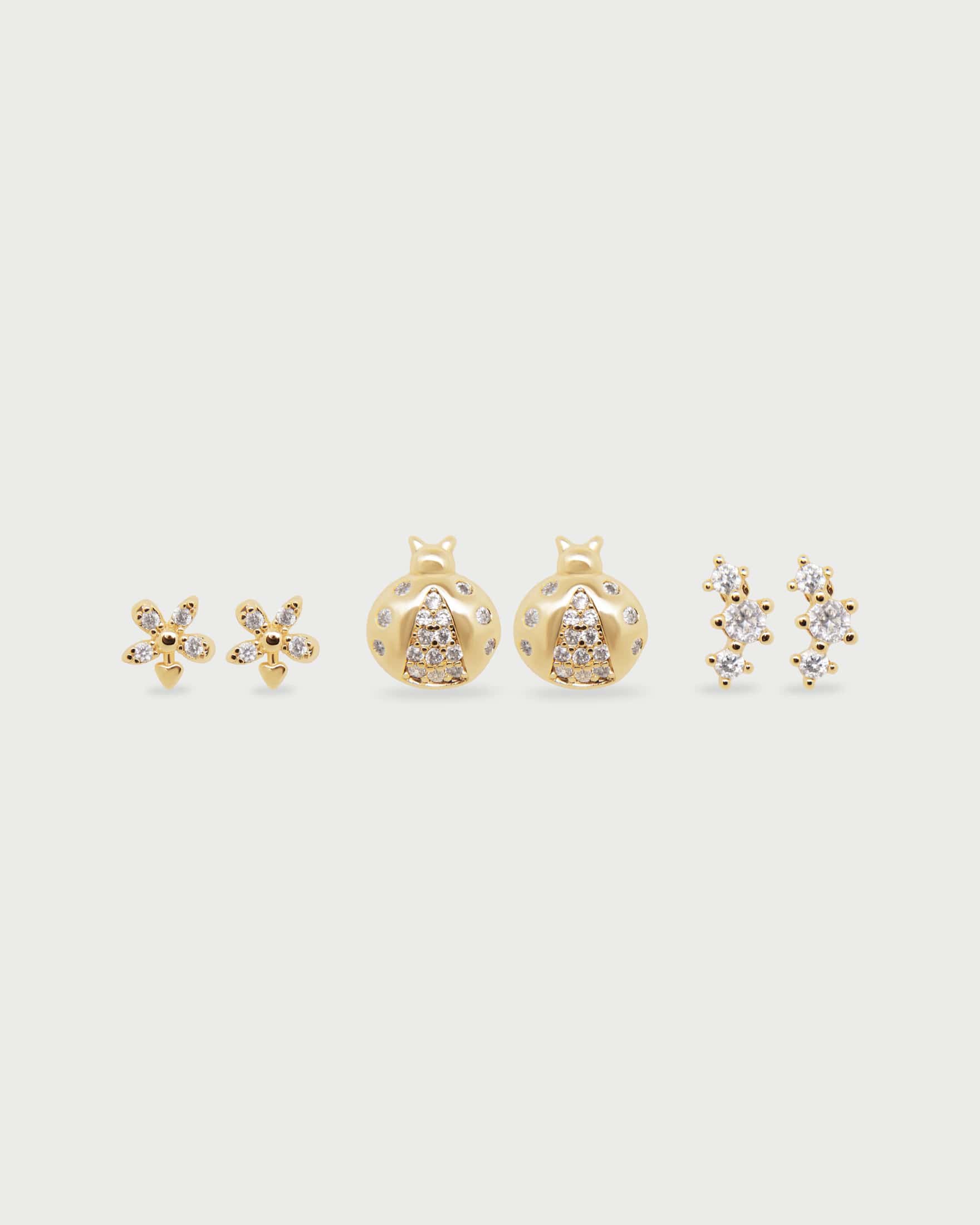 Set X3 Aretes Mariquita Oro