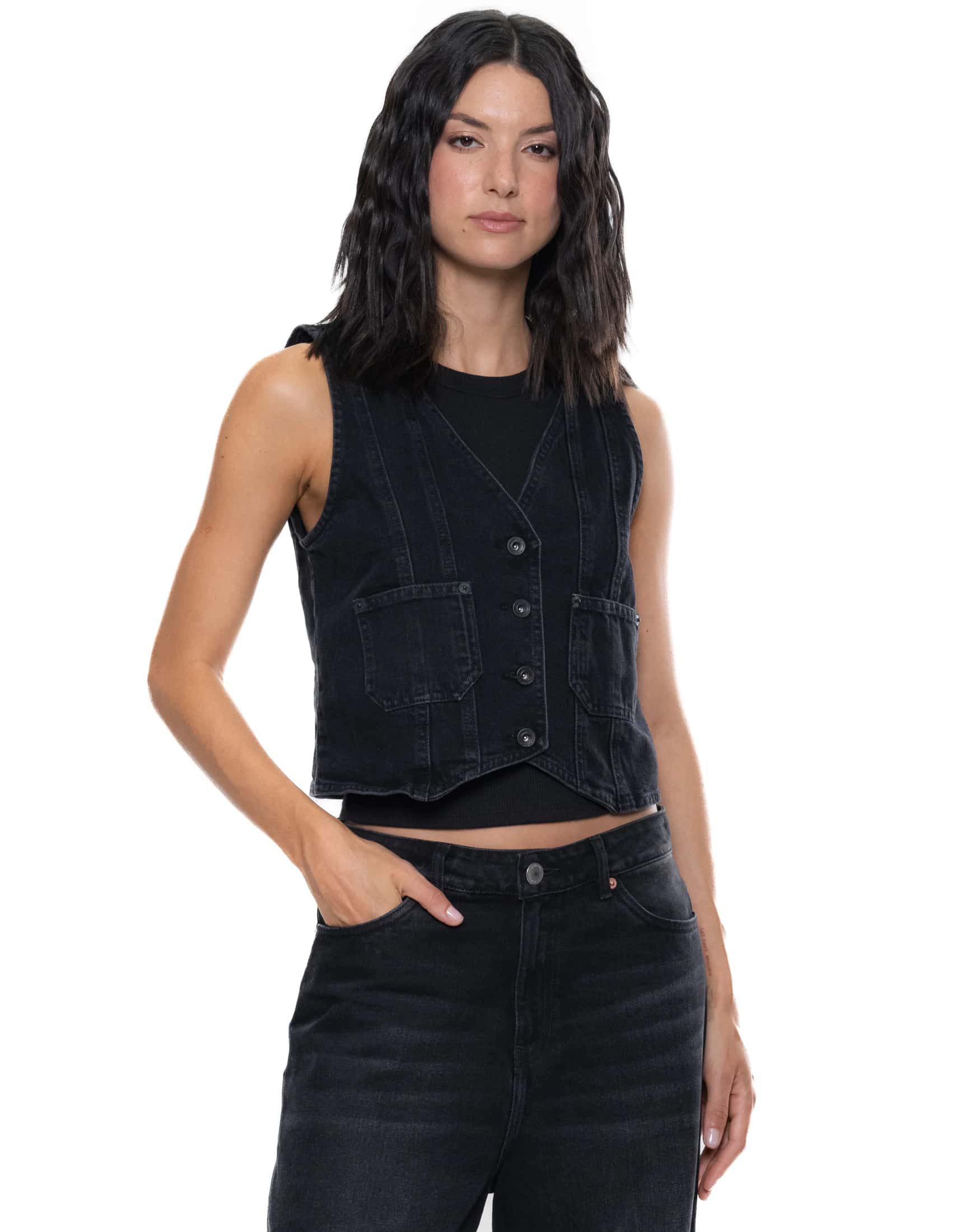 Chaleco Denim Negro Con Bolsillos