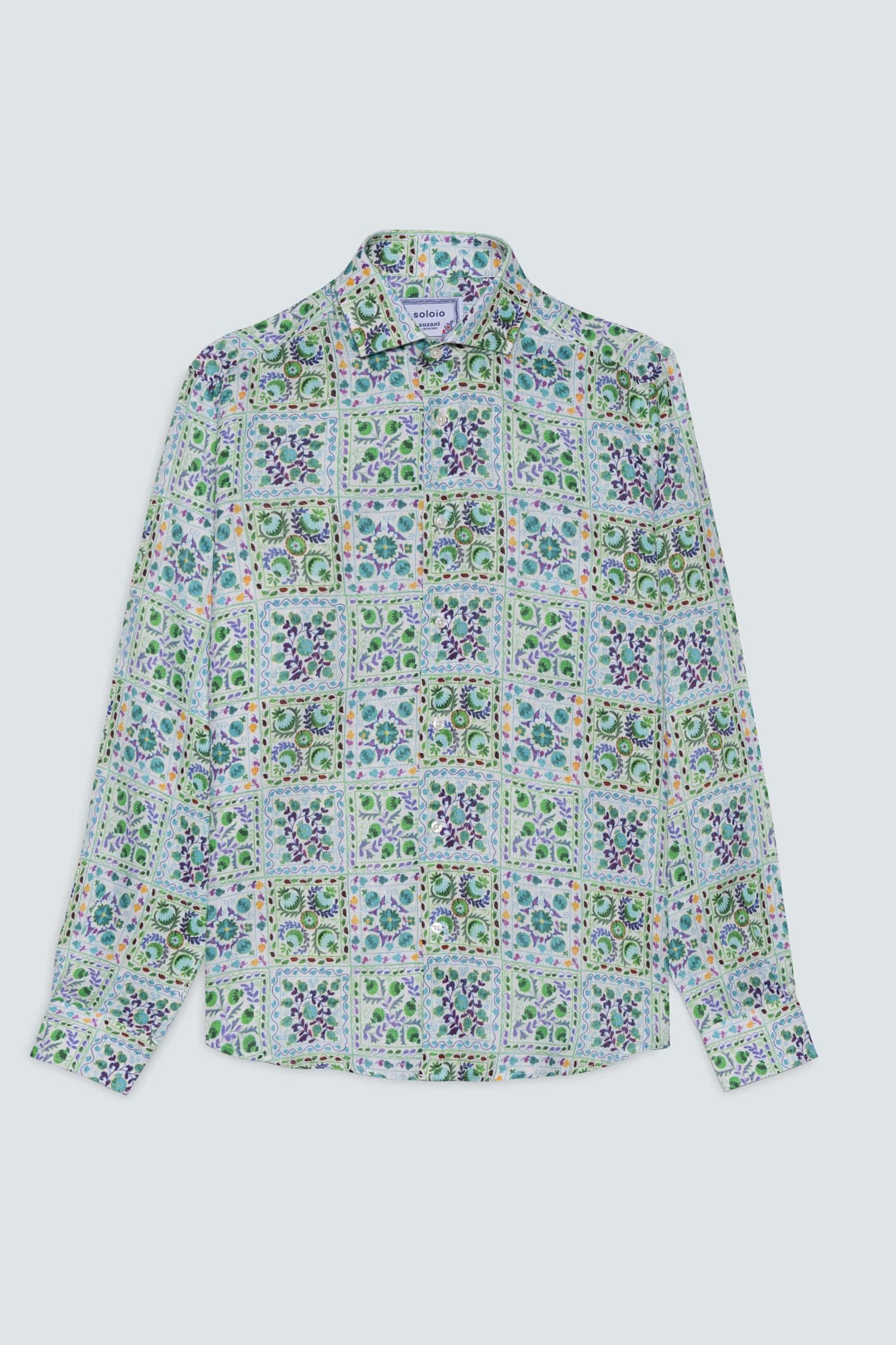 Men's linen shirt green suzani