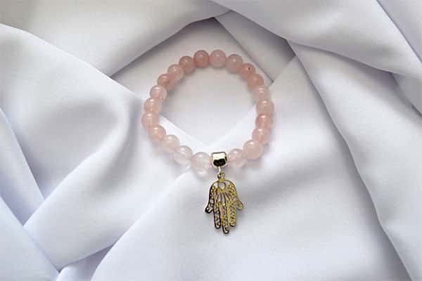 Pulsera Cuarzo Rosa dije mano hamsa