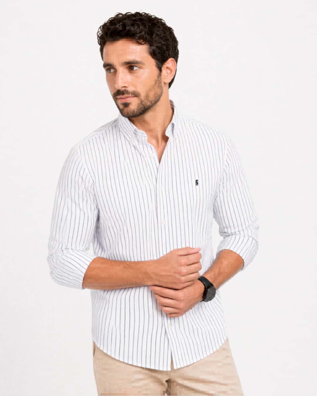 Camisa 100% Algodón Manga Larga Blanca Rayas Azul - miniatura 4