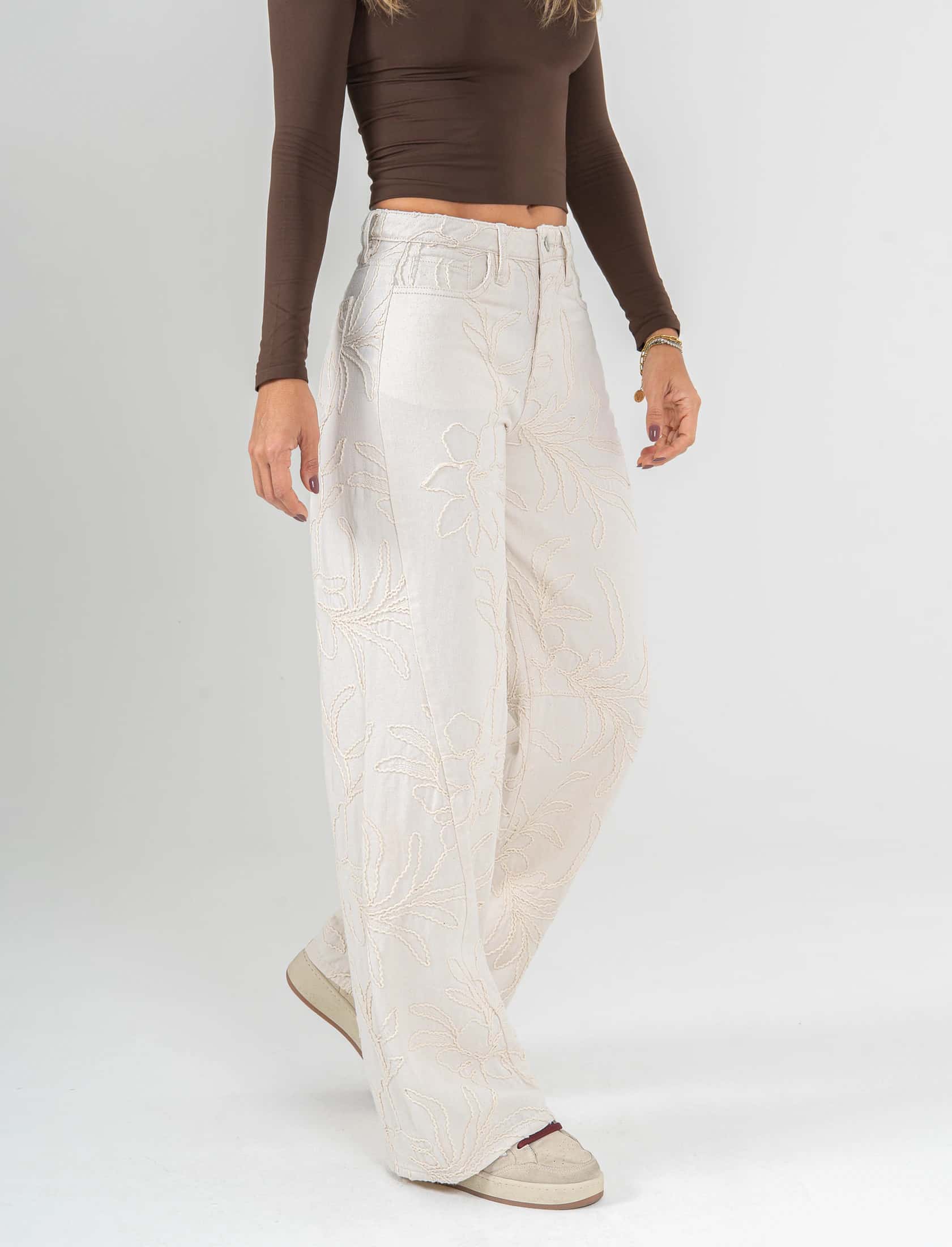Ref: 0620284 Pantalón wide leg, tiro medio, tela bordada, tono natural - miniatura 4