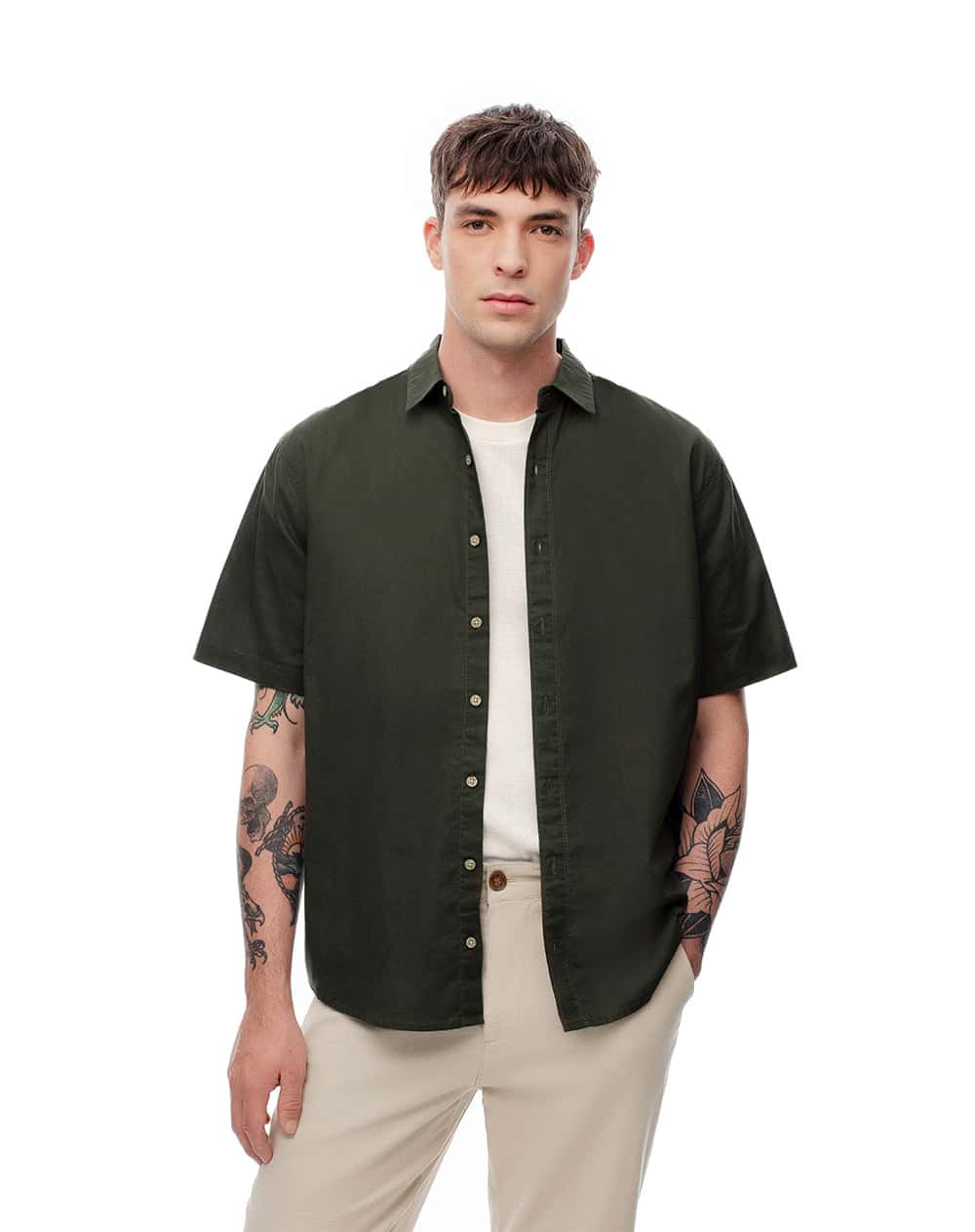 Camisa manga corta regular lino verde hombre