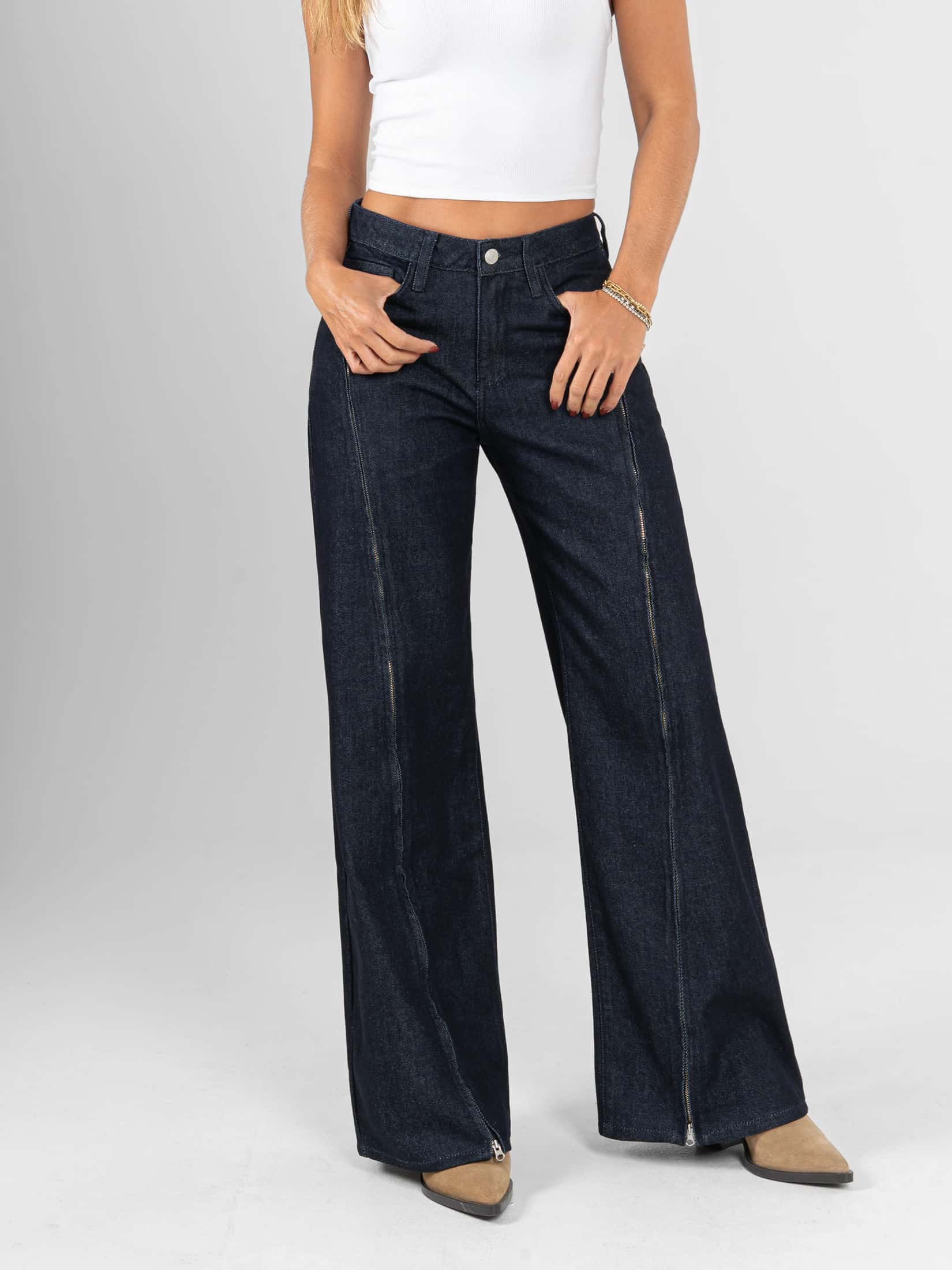 Ref: 066378 Jean wide leg, rigido, tiro alto, detalle con cierres, tono azul oscuro