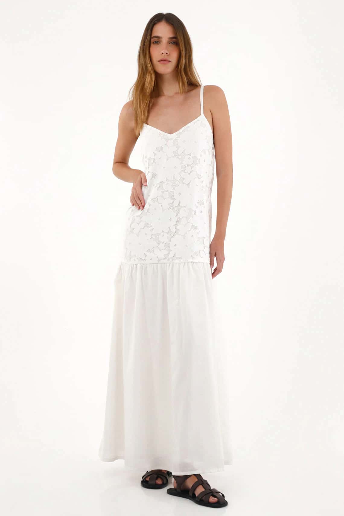 Vestido largo en contraste de telas crudo para mujer