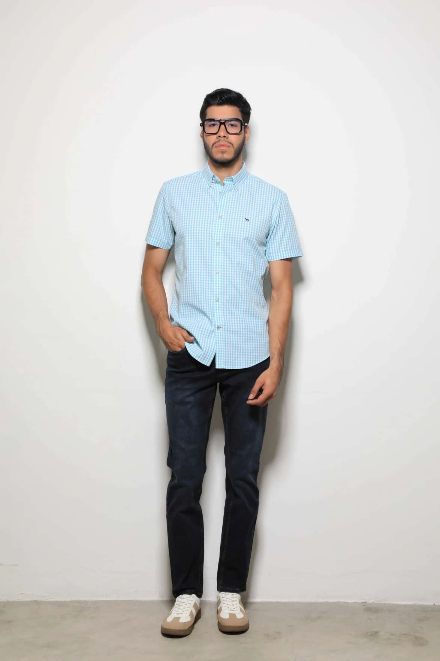 Camisa Manga Corta Cuadros Verde Aqua