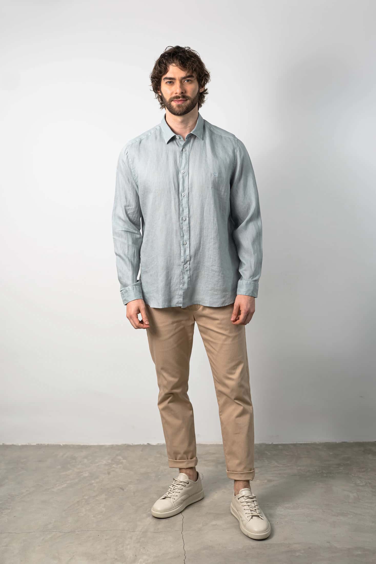 Camisa Manga Larga Lino Azul Grisoso