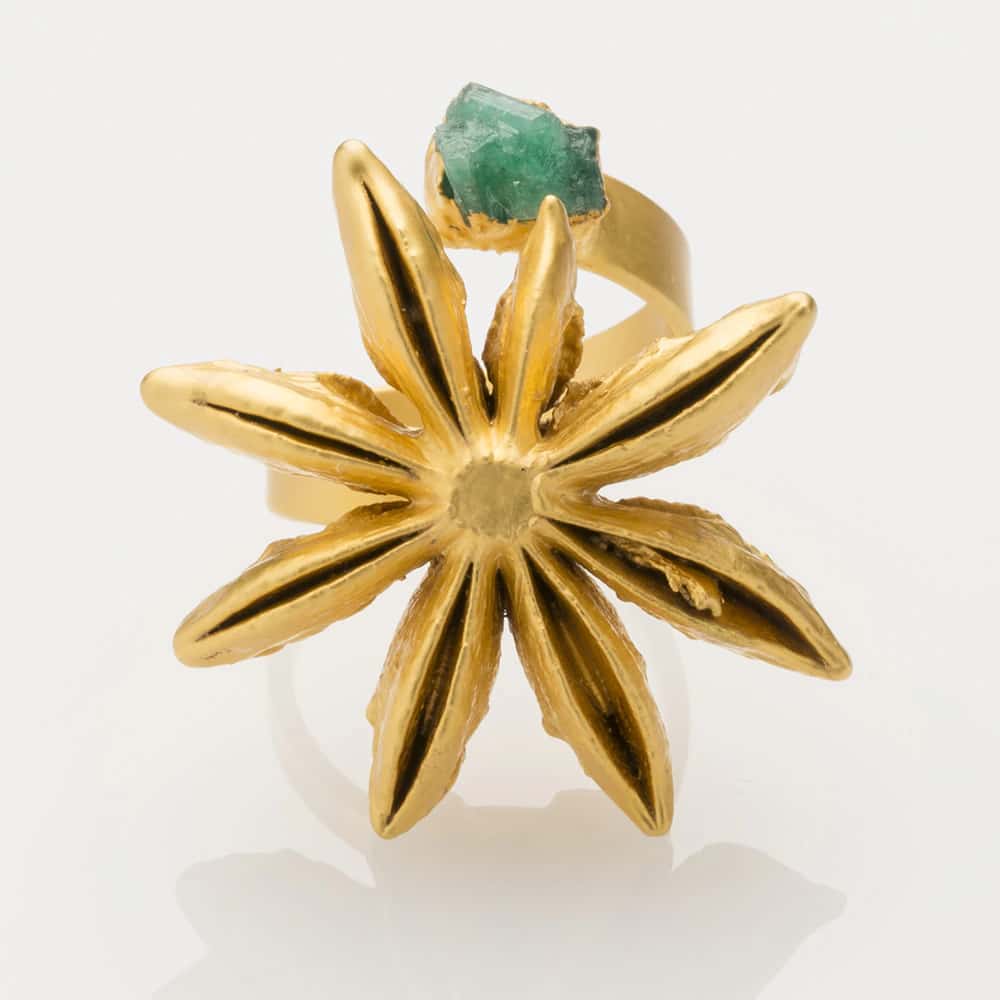 Star Anise and Rough Emerald Ring