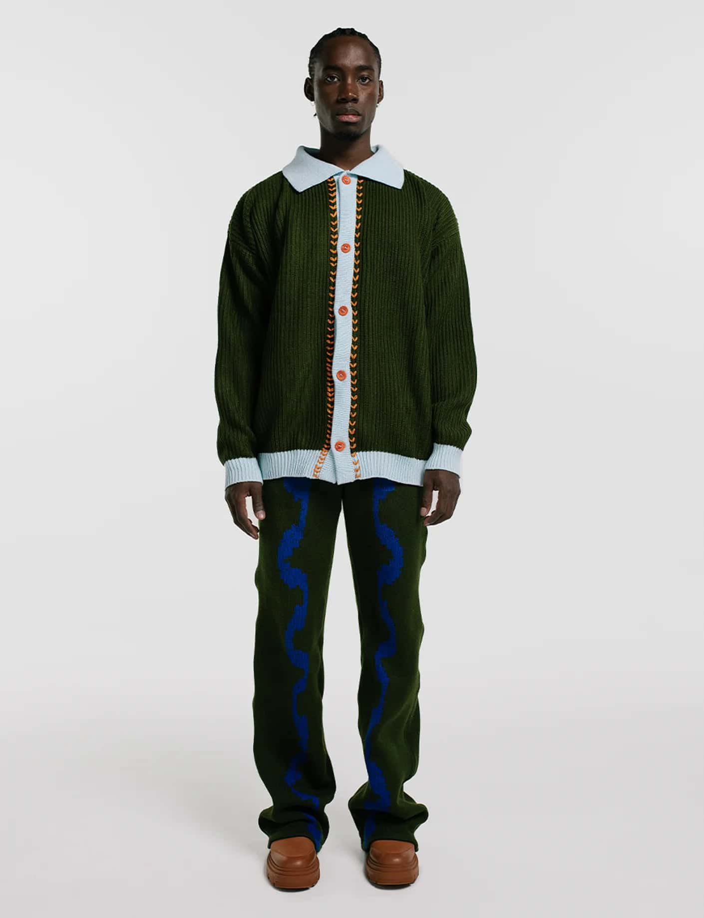 MILITARY GREEN RIB POLO CARDIGAN