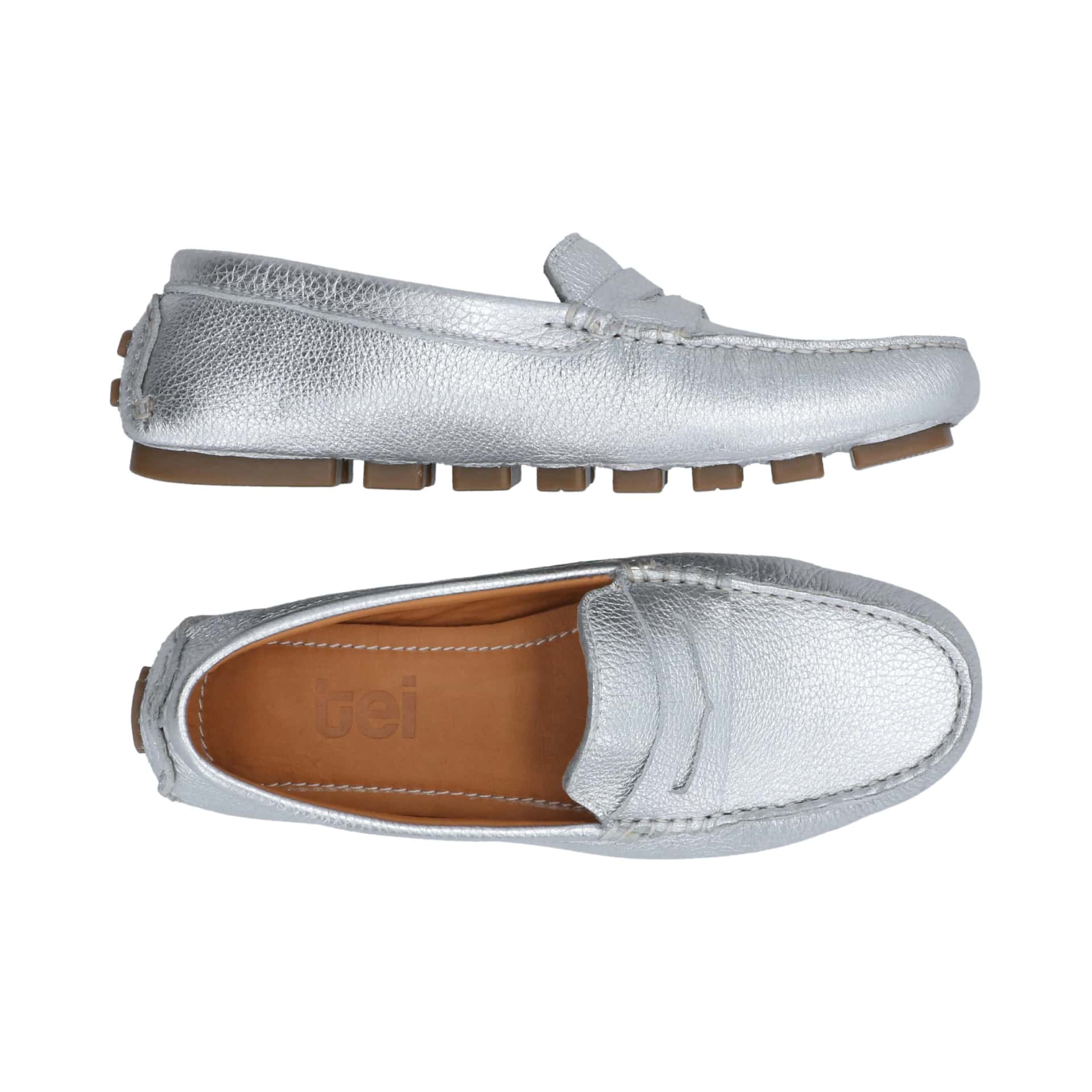Mocasines Mujer Penny Cuero Metalizado Plateado Argenta - miniatura 3