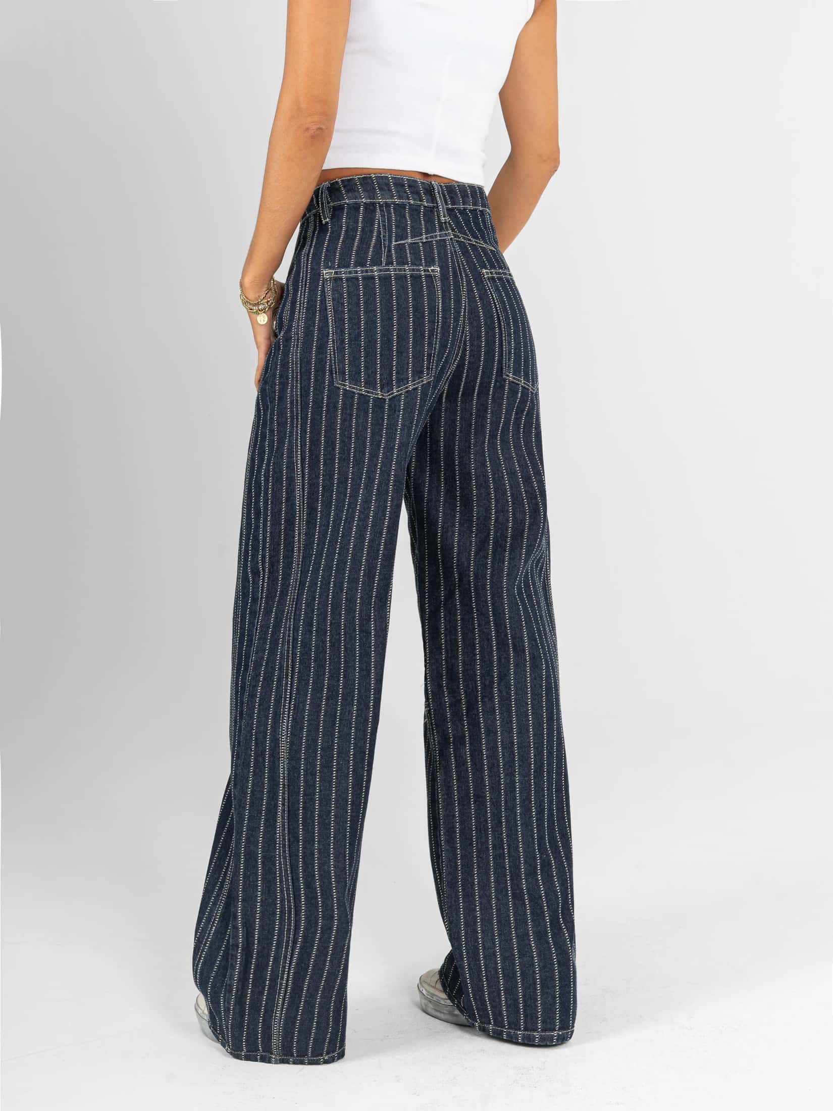 Ref: 066479 Jean wide leg, rígido, tiro alto, rayas, tono azul oscuro - miniatura 5