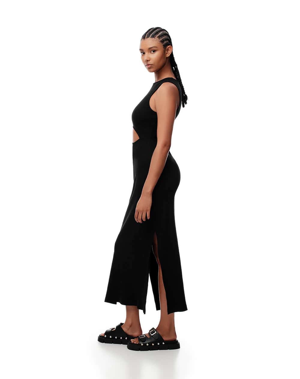 Vestido midi slim rib algodón negro mujer